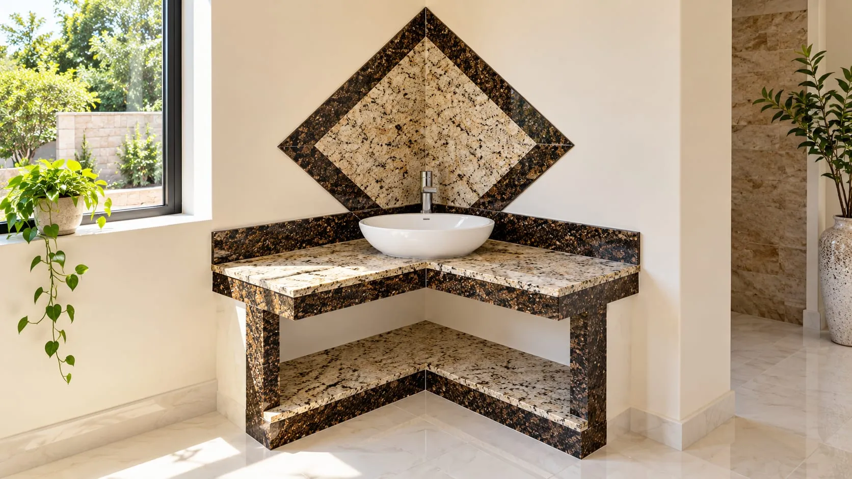 Corner bathroom vanity in dark speckled stone with a diamond-shaped mirror and a white vessel sink