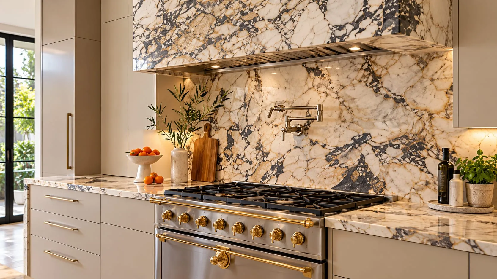 Kitchen range wall clad in dramatically veined white and gold stone, with a matching countertop