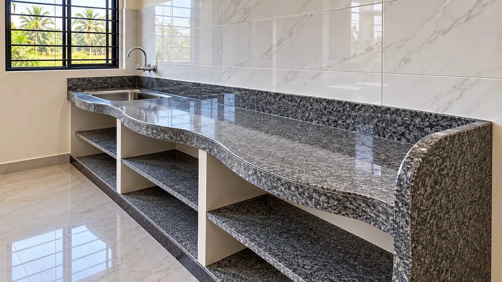 Kitchen countertop in grey speckled stone with a rounded end and open shelving