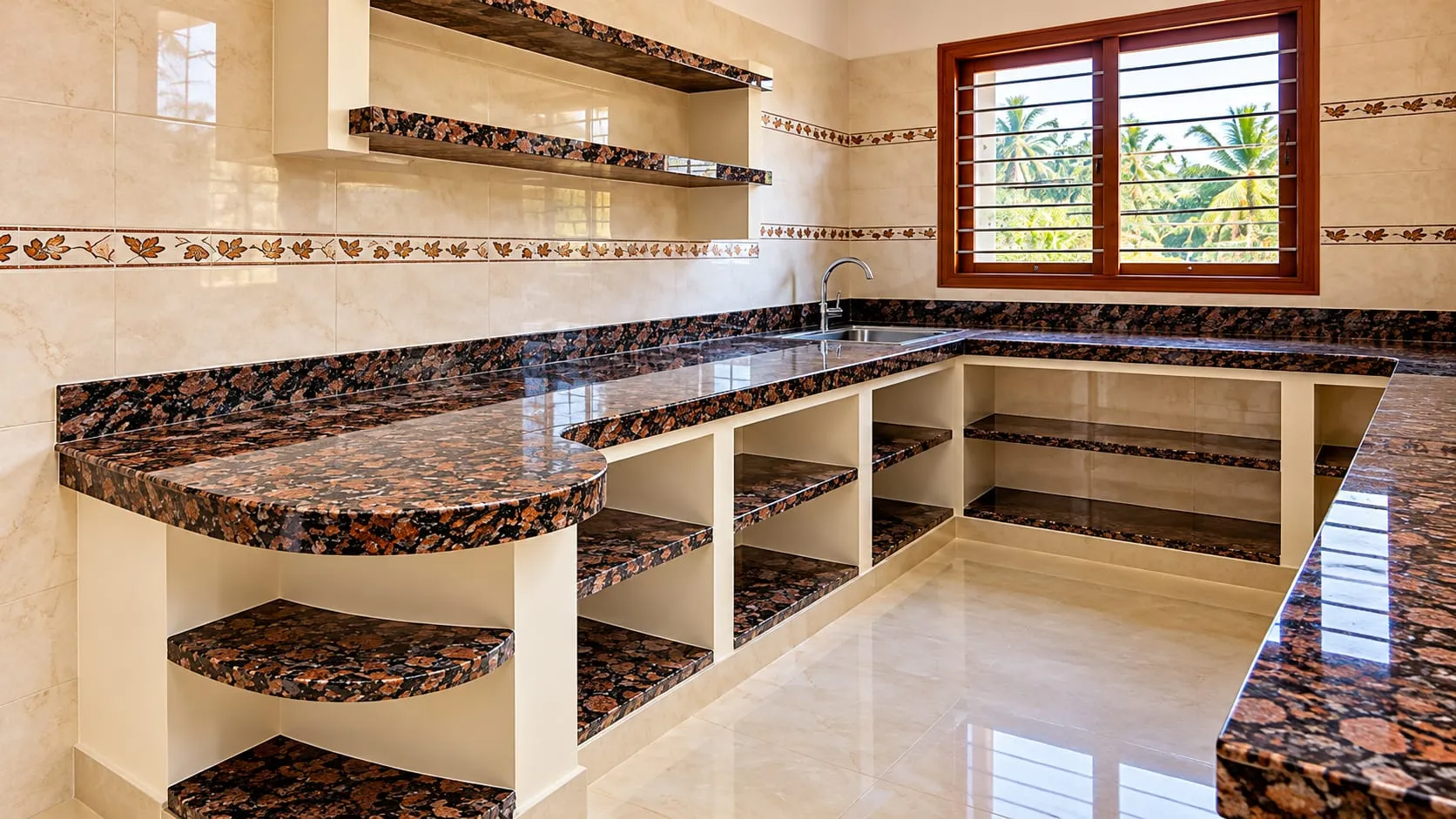 Kitchen with reddish-brown speckled stone countertops and floating stone shelves