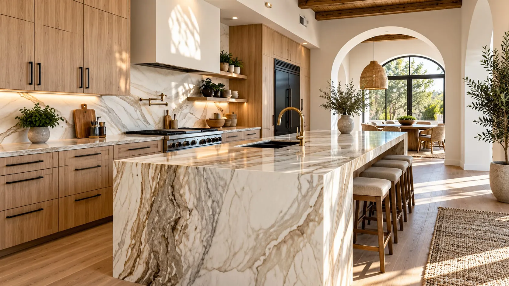 Kitchen with a veined white stone waterfall island, bar seating and light wood cabinetry