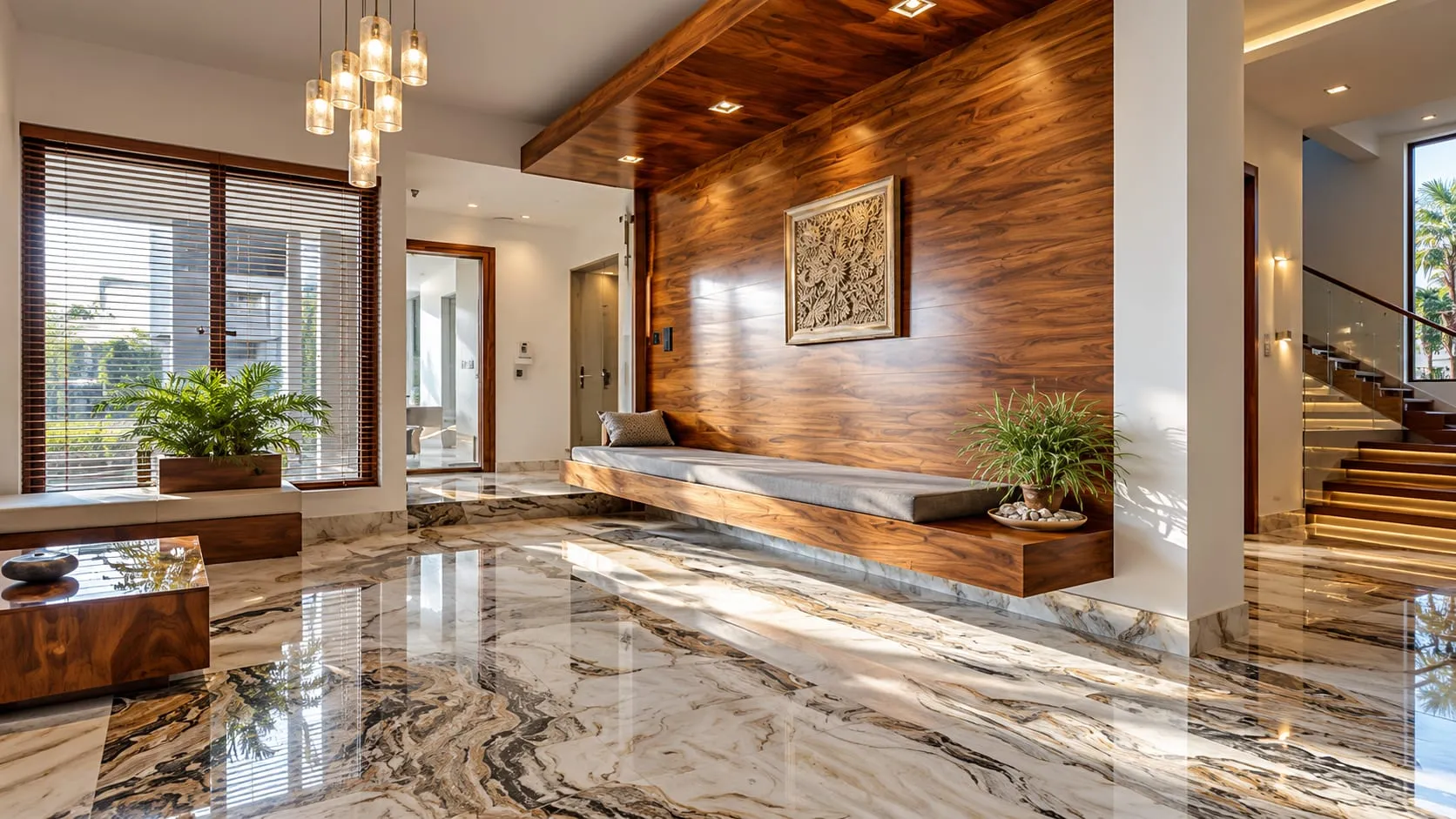 Entry hall with a polished grey-veined stone floor, wood feature wall and staircase