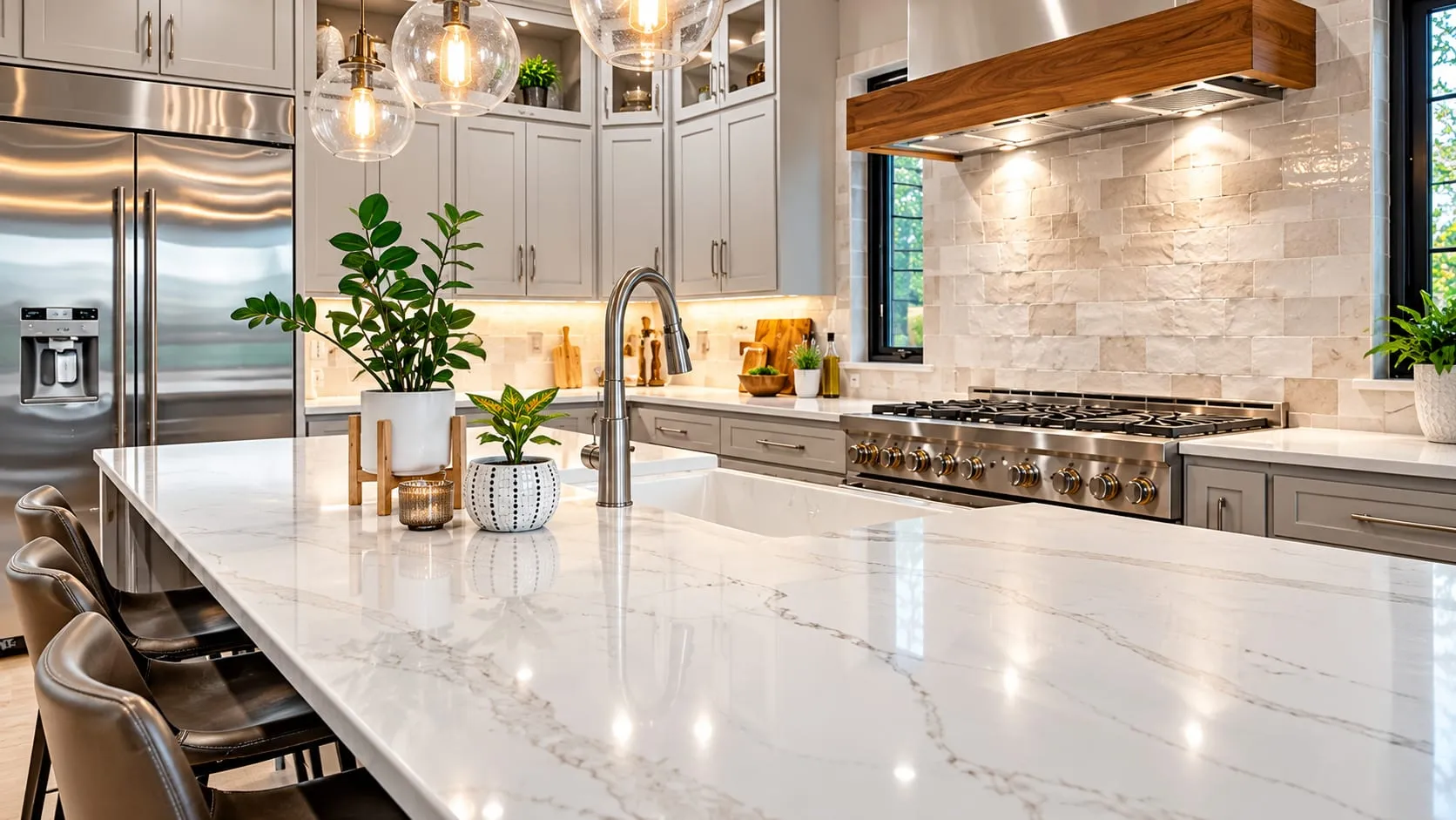 White kitchen island with subtle grey veining, pendant lights and a stone backsplash