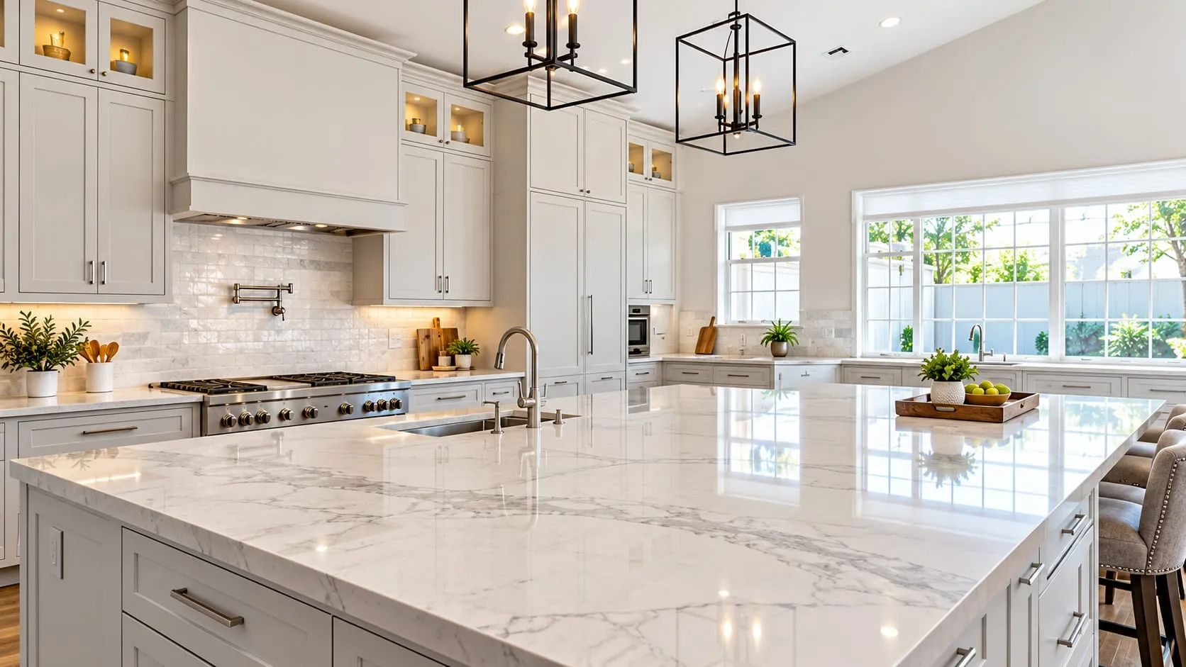 Large white kitchen island with light veining beneath black lantern pendants
