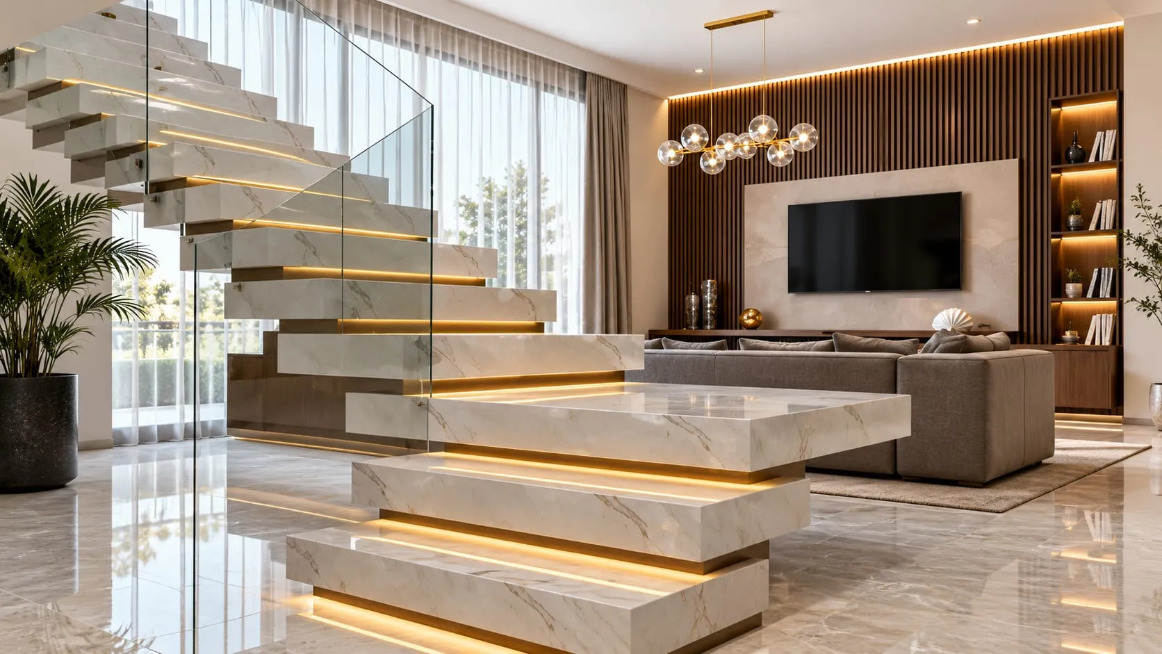 Floating stone staircase with glass balustrade and lighting under each tread