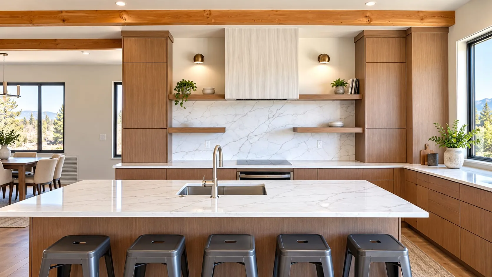 Kitchen with wood cabinets, a white veined stone island with black stools and a matching slab backsplash
