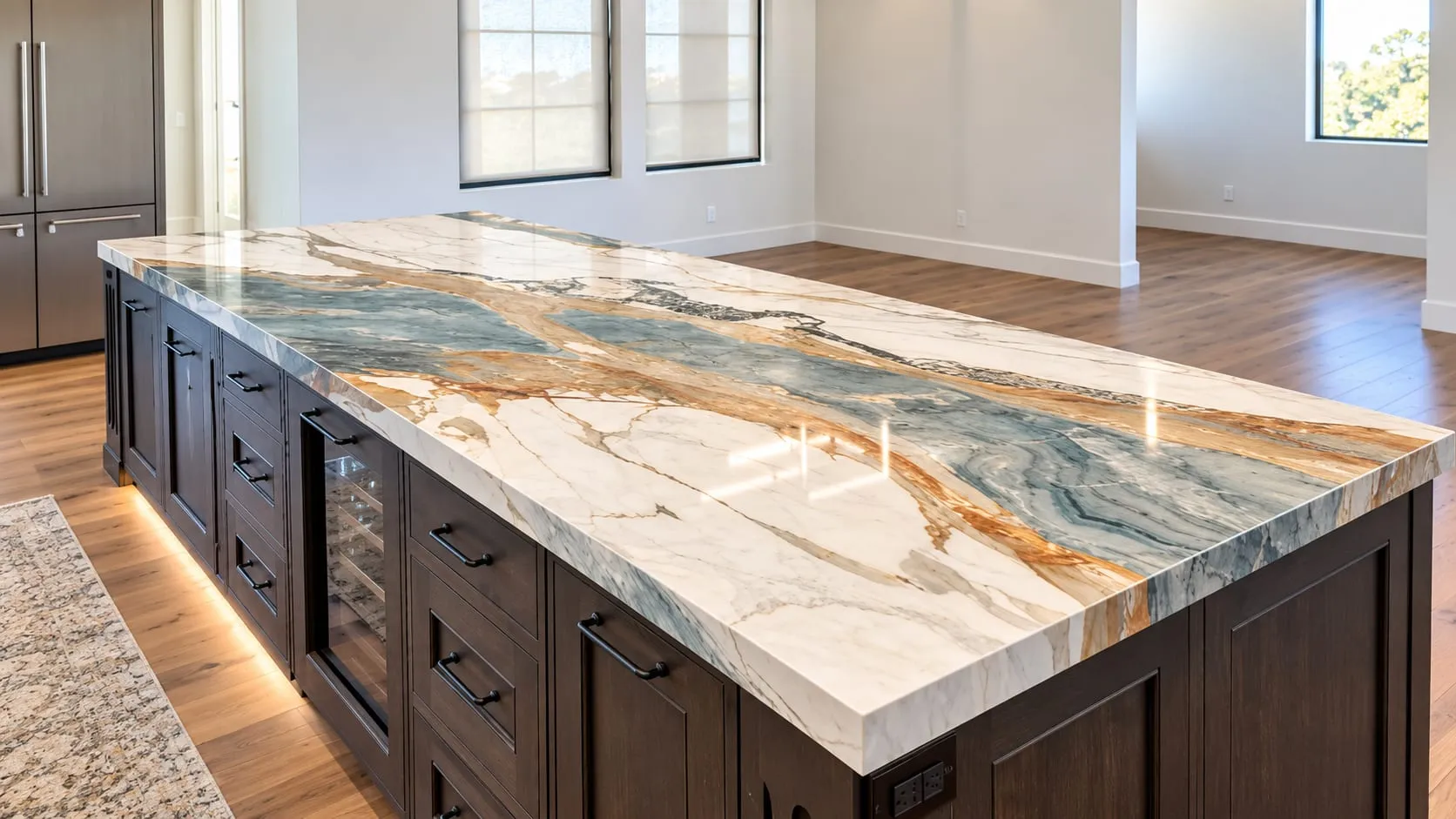Kitchen island with a blue-and-gold veined stone top on dark cabinets, under-cabinet lighting and large windows