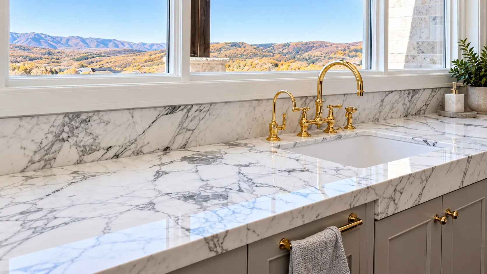 Marble countertop with a brass faucet beneath a window looking out to the mountains