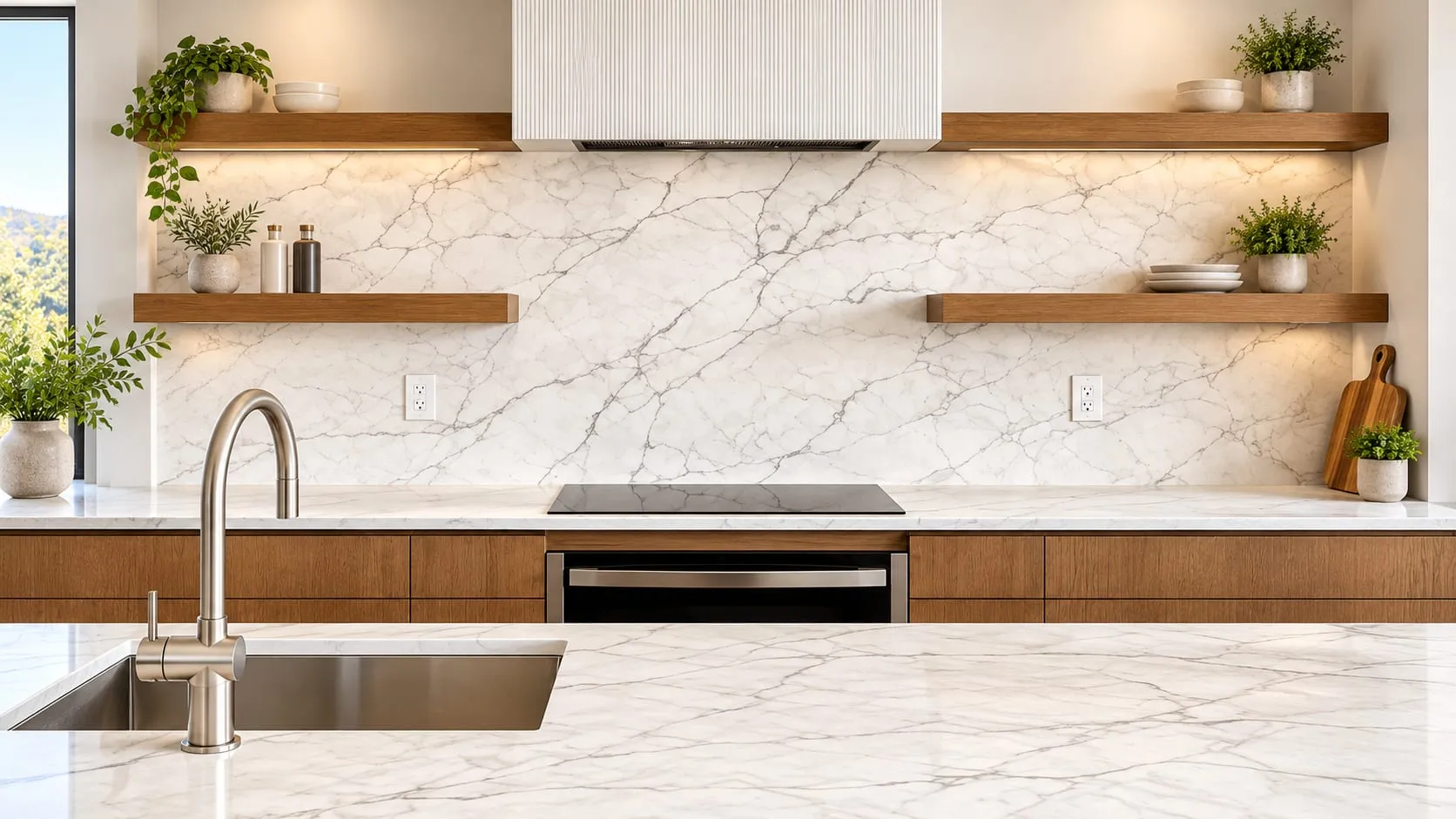 Kitchen with a full-height veined stone backsplash, wood floating shelves and a stone countertop