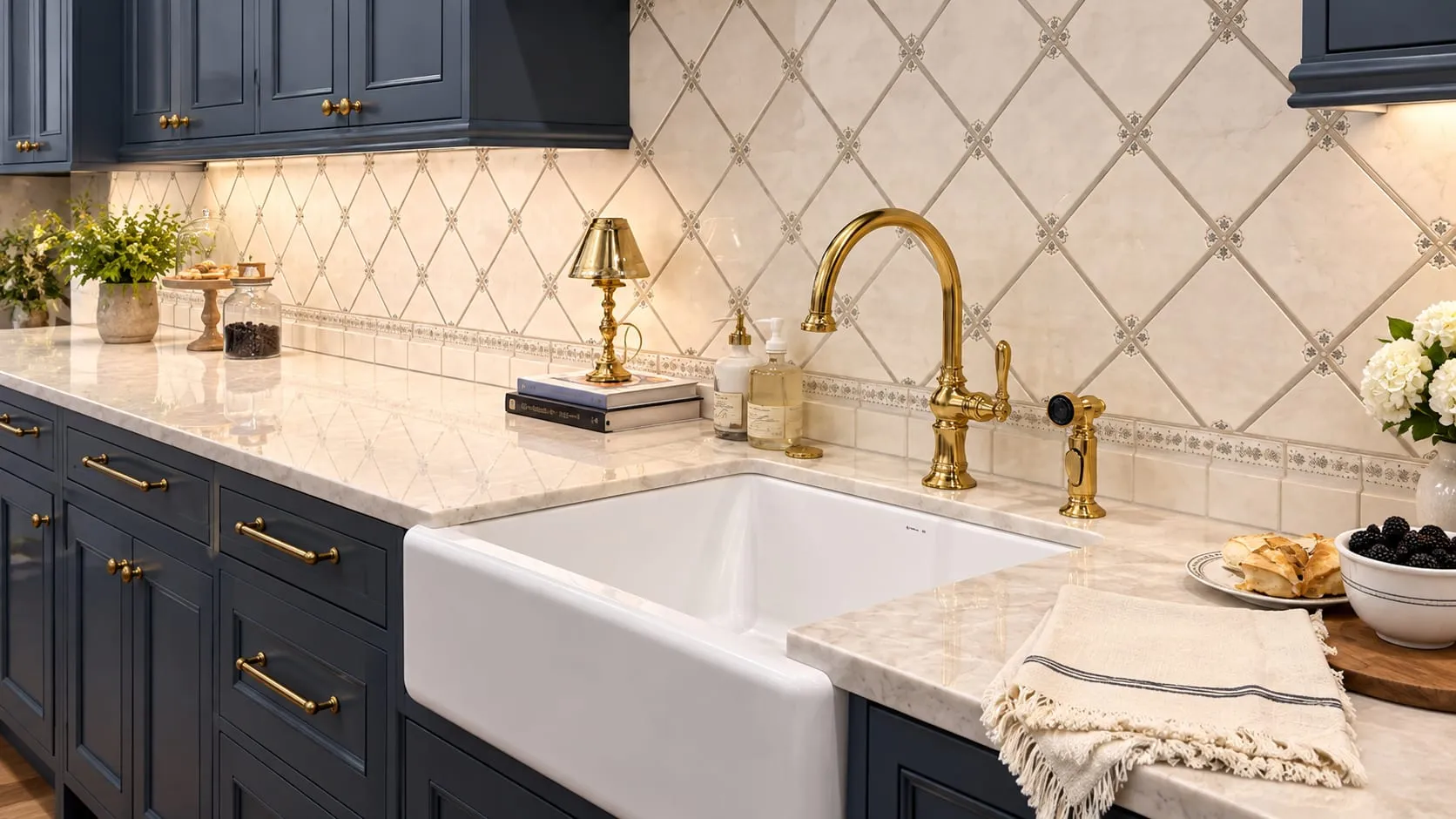 Kitchen with navy cabinets, a white farmhouse sink, brass tap, light stone countertop and diamond-pattern tile backsplash