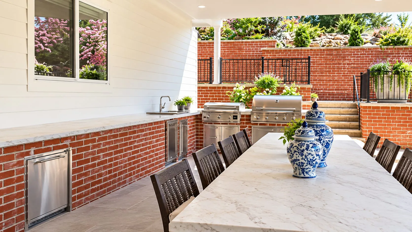 Covered outdoor kitchen with a brick base, built-in grill and a long light stone dining counter