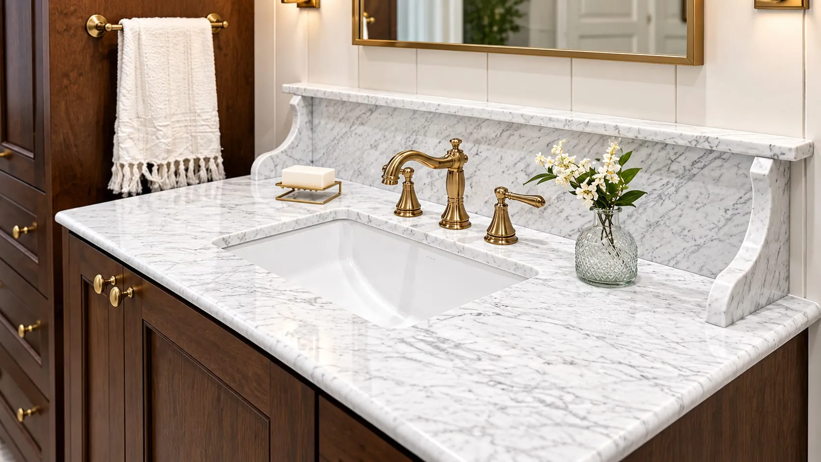 Bathroom vanity in white veined stone with an undermount sink, brass tap and dark wood cabinet