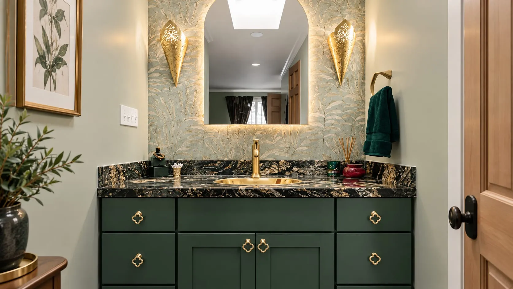 Powder room with a green vanity cabinet, dark veined stone top, brass tap and a backlit mirror