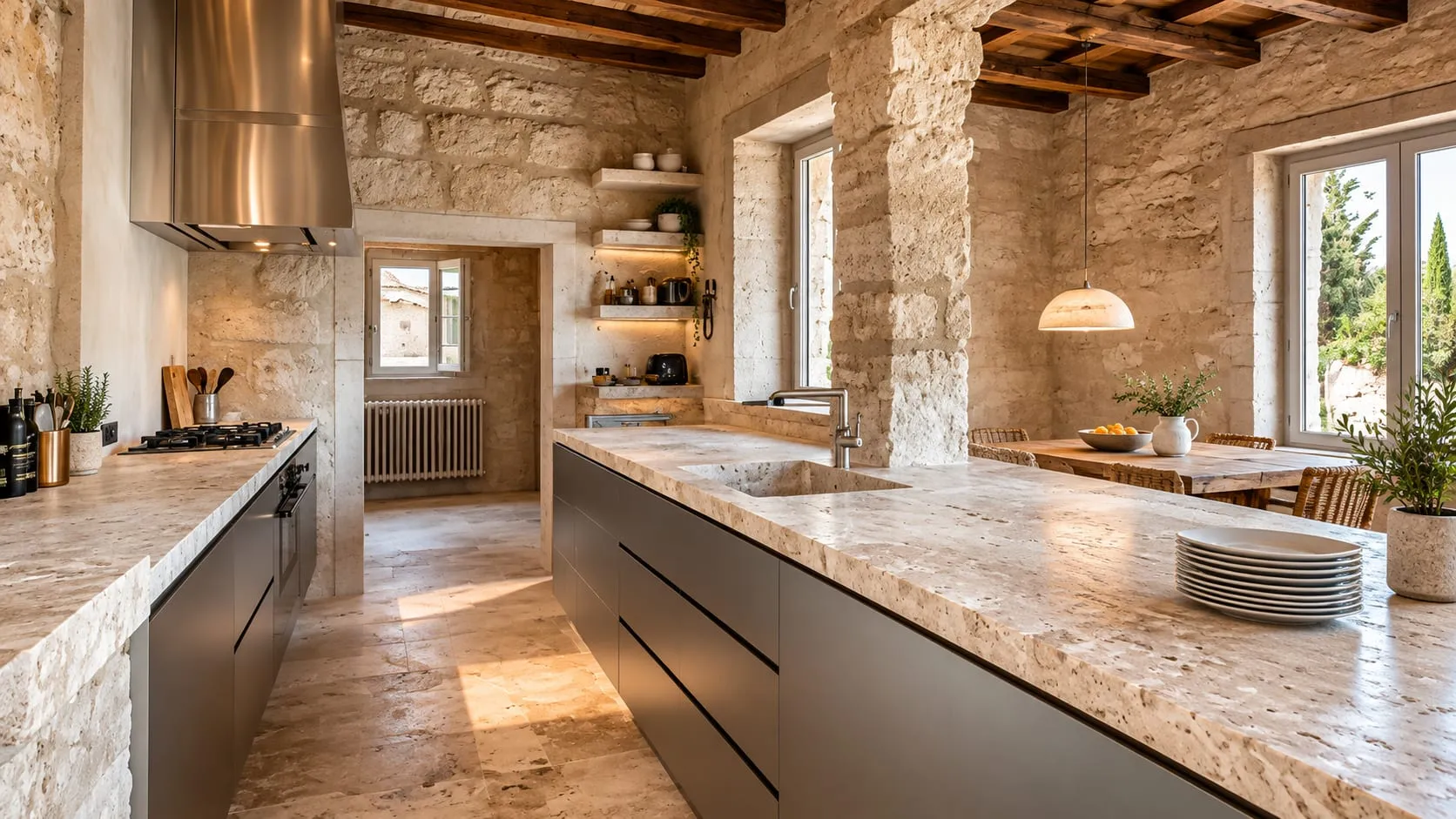 Galley kitchen with a light stone countertop, exposed stone walls and timber ceiling beams