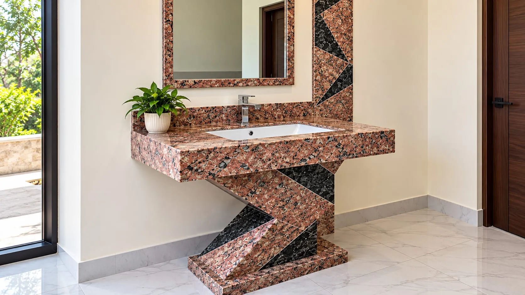 Bathroom vanity with an angular pedestal base in reddish-brown speckled stone and a matching mirror frame